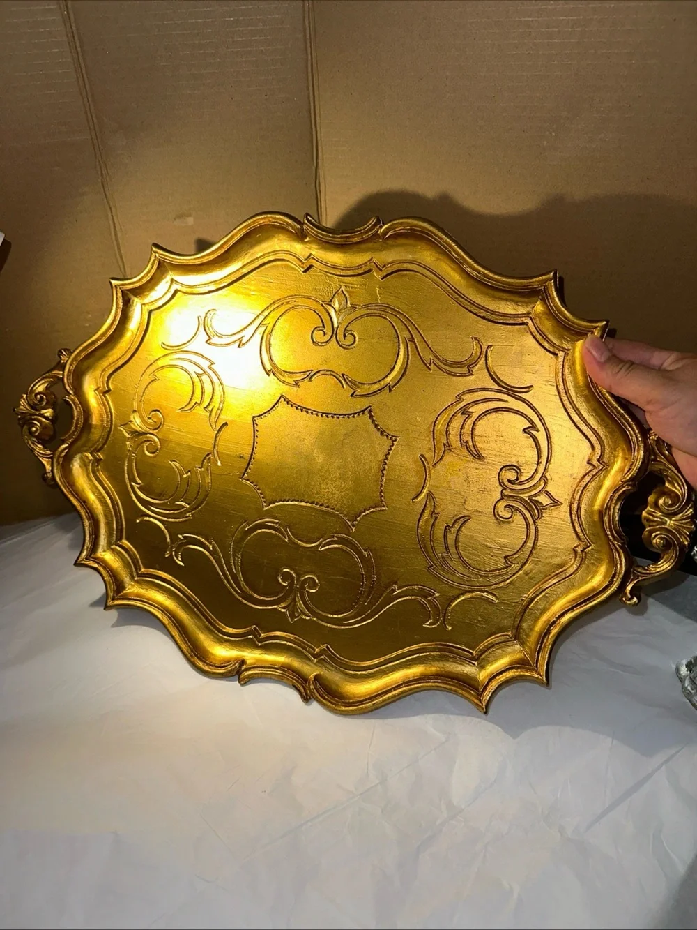Italian Florentine plastic oval Gold Serving Tray with Ornate Scrollwork
